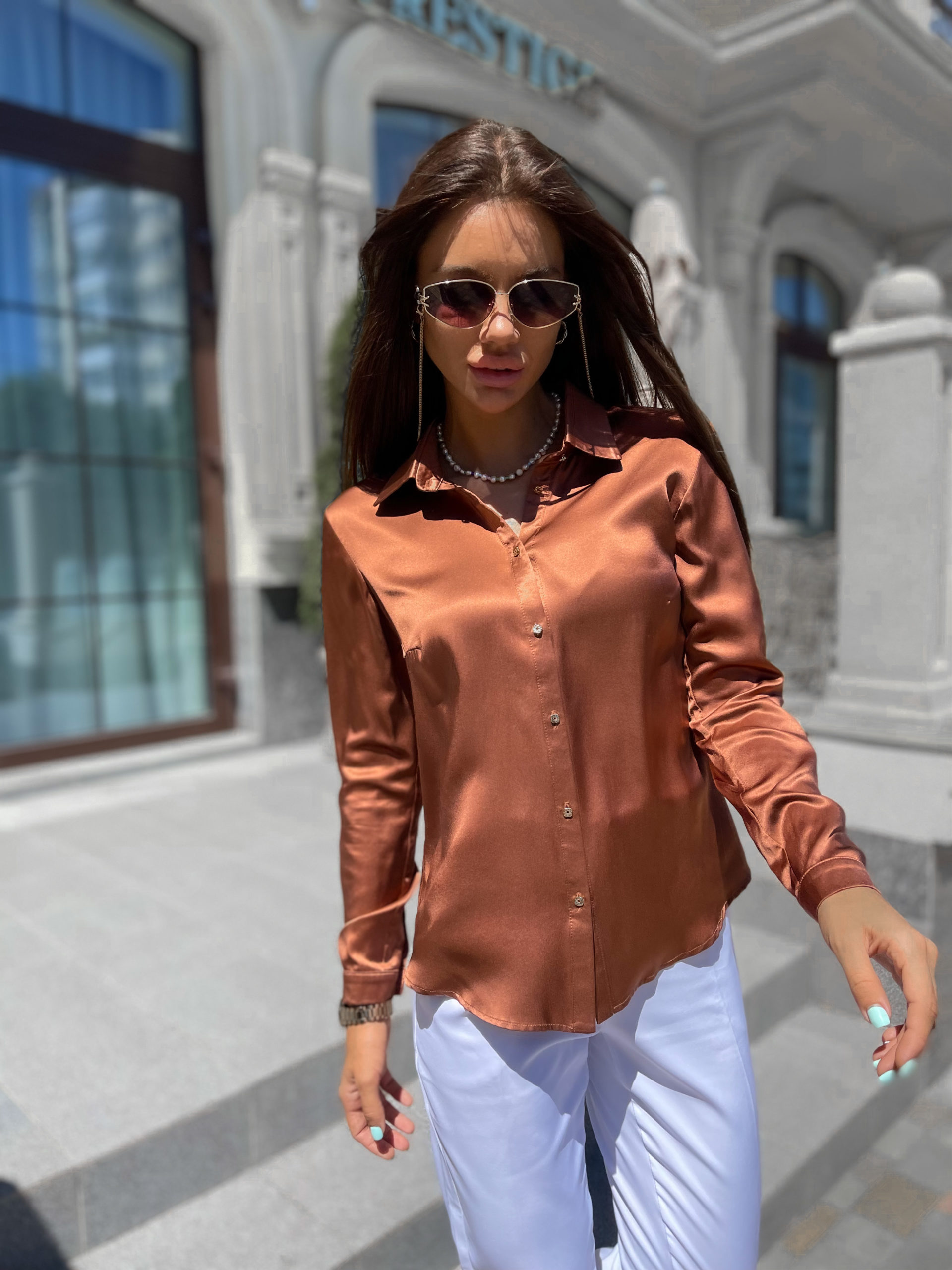 Women's classic shirt made of natural silk, brown. TM “Silk Kiss